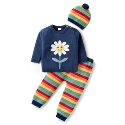 Babyhug Organic Cotton Knitted Full Sleeves Pullover Striped Sweater Set with Cap & Floral Design - Navy Blue-picture-18