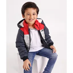 Babyhug Polyester Full Sleeves Color Block Hooded Fashion Heavy Winter Jacket - Silver Red Blue-image-2