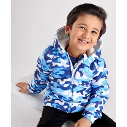 Babyhug Polyester Full Sleeves Hooded Fashion Heavy Winter Jacket Camo Print - Blue-image-3