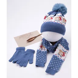 Babyhug Pom Pom Acrylic Woollen Cap Gloves and Muffler Set Reindeer Design Large Size - Blue-picture-13