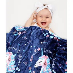 Babyhug Premium Unicorn Print Coral Blanket- Navy Blue-image-0