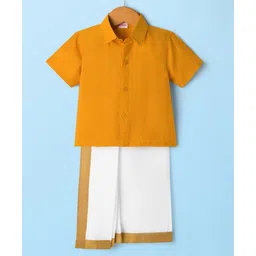 Babyhug Rayon Half Sleeves Solid Color Mundu Set - Yellow-picture-17