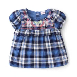 Babyhug Rayon Half Sleeves Top Checkered with Floral Embroidery - Blue-picture-28