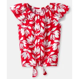 Babyhug Rayon Woven Cap Sleeves Front Open Top With Floral Print & Knot Detailing - Red-picture-12