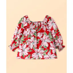Babyhug Rayon Woven Full Sleeves Floral Printed Top - Red-image-25