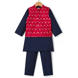 Babyhug Rayon Woven Full Sleeves Kurta Pajama & Foil Printed Jacket Set - Navy Blue-picture-20