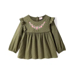 Babyhug Rayon Woven Full Sleeves Top with Floral Embroidery & Frill Detailing - Olive Green-image-49