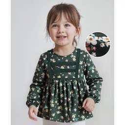 Babyhug Rayon Woven Full Sleeves Top With Floral Print & Lace Detailing - Dark Green-image-18