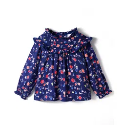 Babyhug Rayon Woven Full Sleeves Top With Floral Prints Lace & Frill Detailing - Navy Blue-image-48