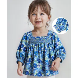 Babyhug Rayon Woven Full Sleeves Top With Smocking Detailing &  Floral Print - Blue-image-7