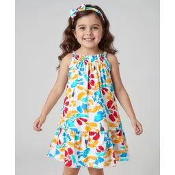 Babyhug Rayon Woven Sleeveless Tiered Frock with Headband & Floral Print - White-picture-23