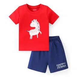 Babyhug Single Jersey Half Sleeves Shorts Set Zebra Print - Red & Navy Blue-picture-22