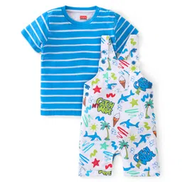 Babyhug Single Jersey Knit Beach Theme Dungaree with Striped Half Sleeves T-Shirt - Blue-picture-18