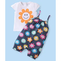 Babyhug Single Jersey Knit Dungaree & Half Sleeves T-Shirt Floral Print - White & Navy Blue-picture-17