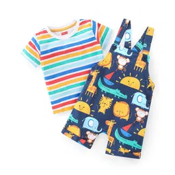 Babyhug Single Jersey Knit Dungaree & Half Sleeves T-Shirt Striped & Animal Print - Multicolour-picture-24