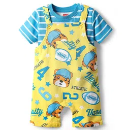 Babyhug Single Jersey Knit Dungaree & Half Sleeves T-Shirt With Animal Print - Yellow & Blue-picture-15