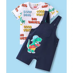 Babyhug Single Jersey Knit Dungaree & Half Sleeves T-Shirt With Beach Theme & Dino Print - Navy Blue-picture-30