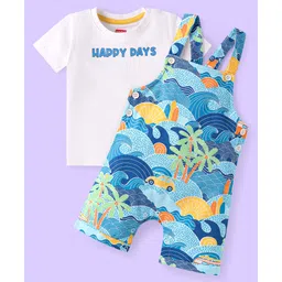 Babyhug Single Jersey Knit Dungaree & Half Sleeves T-Shirt With Beach Theme Print - Blue & White-picture-14