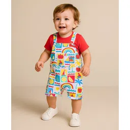 Babyhug Single Jersey Knit Dungaree & Half Sleeves T-Shirt with Boat Print -  Multiolour-picture-19