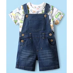 Babyhug Single Jersey Knit Dungaree & Half Sleeves T-Shirt With Dino Print - Blue-picture-37