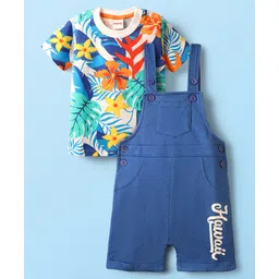 Babyhug Single Jersey Knit Dungaree & Half Sleeves T-Shirt With Floral & Leaf Print - Blue-picture-23
