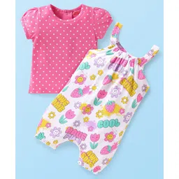 Babyhug Single Jersey Knit Dungaree & Half Sleeves T-Shirt With Floral & Polka Dot Print - White & Pink-picture-39