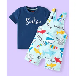 Babyhug Single Jersey Knit Dungaree & Half Sleeves T-Shirt With Shark Print - Light & Navy Blue-picture-31