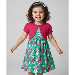 Babyhug Single Jersey Knit Frock & Half Sleeves Shrug With Floral Print & Headband - Green & Pink-picture-20