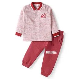 Babyhug Single Jersey Knit Full Sleeves Collared T-Shirt & Cut & Sew Joggers - Red & White-picture-32
