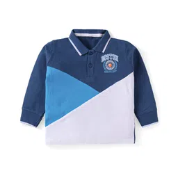 Babyhug Single Jersey Knit Full Sleeves Cut & Sew Embroidered Collared T-Shirt & Jogger with Tape Detailing - Blue &White image 2