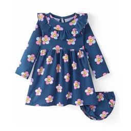 Babyhug Single Jersey Knit Full Sleeves Frock With Bloomer Floral Print & Frill Detailing- Navy-picture-15
