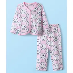 Babyhug Single Jersey Knit Full Sleeves Front Open Top & Pant Set With Smile Print - Pink-picture-39