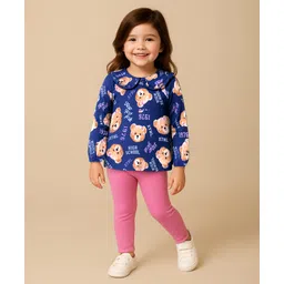 Babyhug Single Jersey Knit Full Sleeves Peter Pan Collared Teddy Printed Top & Leggings Set - Navy & Pink-picture-38
