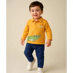 Babyhug Single Jersey Knit Full Sleeves Polo T-Shirt & Denim Jeans Set With Crocodile Print - Yellow & Blue-picture-10