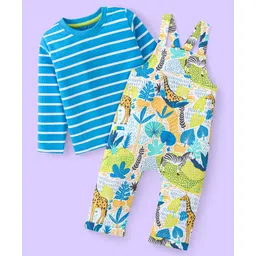 Babyhug Single Jersey Knit Full Sleeves Striped T-Shirt & Full Length Dungaree Set with Zebra Print -Blue & White-picture-15