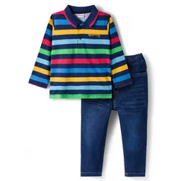Babyhug Single Jersey Knit Full Sleeves T-Shirt & Denim Jeans Set With Stripes - Blue-picture-23