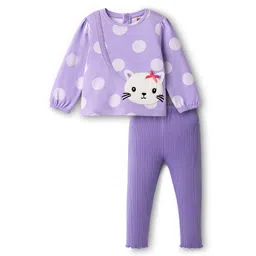 Babyhug Single Jersey Knit Full Sleeves Top and Leggings with Polka Dots & Cat Patch Print - Lavender-picture-37