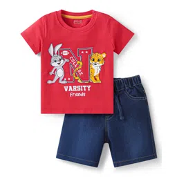 Babyhug Single Jersey Knit Half Sleeves Animal Printed T-Shirt & Shorts Set - Red & Blue-picture-20