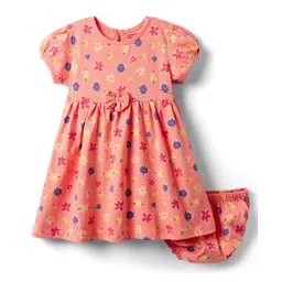 Babyhug Single Jersey Knit Half Sleeves Floral Printed Frock with Bloomer & Bow Applique - Orange-picture-28