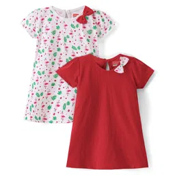 Babyhug Single Jersey Knit Half Sleeves Frock Flamingo Print Pack of 2 - Red & White-picture-12