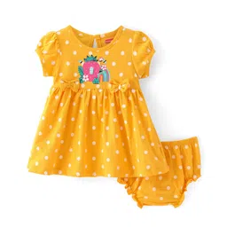 Babyhug Single Jersey Knit Half Sleeves Frock With Bloomer Polka Dot Print - Yellow-picture-19