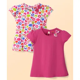 Babyhug Single Jersey Knit Half Sleeves Frock with Floral & Heart Print Bow Applique Pack of 2 - Dark Pink & White-picture-19
