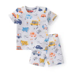 Babyhug Single Jersey Knit Half Sleeves Night Suit Car Print - White-picture-31