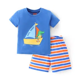 Babyhug Single Jersey Knit Half Sleeves Night Suit With Boat Print - Blue-picture-14