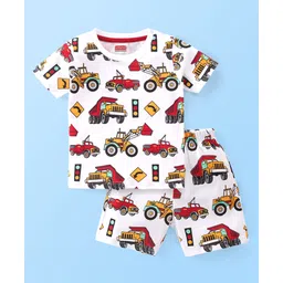 Babyhug Single Jersey Knit Half Sleeves Night Suit With JCB Print - White-picture-35