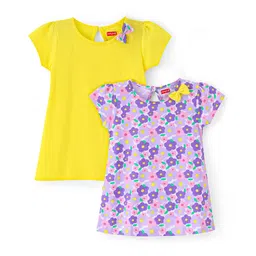 Babyhug Single Jersey Knit Half Sleeves Solid & Floral PrintedFrocks with Bow Applique Pack of 2 - Yellow & Purple-picture-27