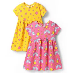 Babyhug Single Jersey Knit Half Sleeves Stars Printed Frocks with Bow Applique Pack of 2 - Yellow & Pink-picture-17