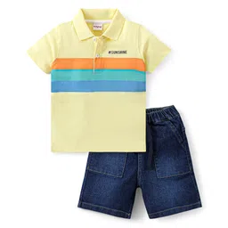 Babyhug Single Jersey Knit Half Sleeves Striped Polo T-Shirt & Denim Shorts Set - Yellow & Blue-picture-15