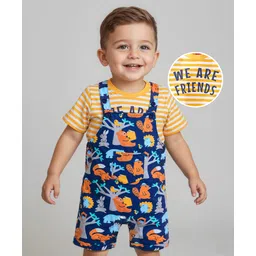 Babyhug Single Jersey Knit Half Sleeves Striped T-Shirt & Dungaree with Jungle Theme Print - Yellow & Navy Blue-picture-12