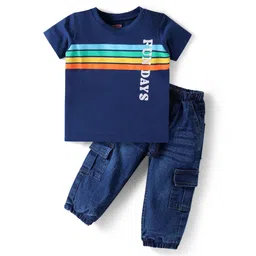 Babyhug Single Jersey Knit Half Sleeves T-Shirt & Denim Joggers Set with Text Print & Stripes - Navy Blue-picture-14
